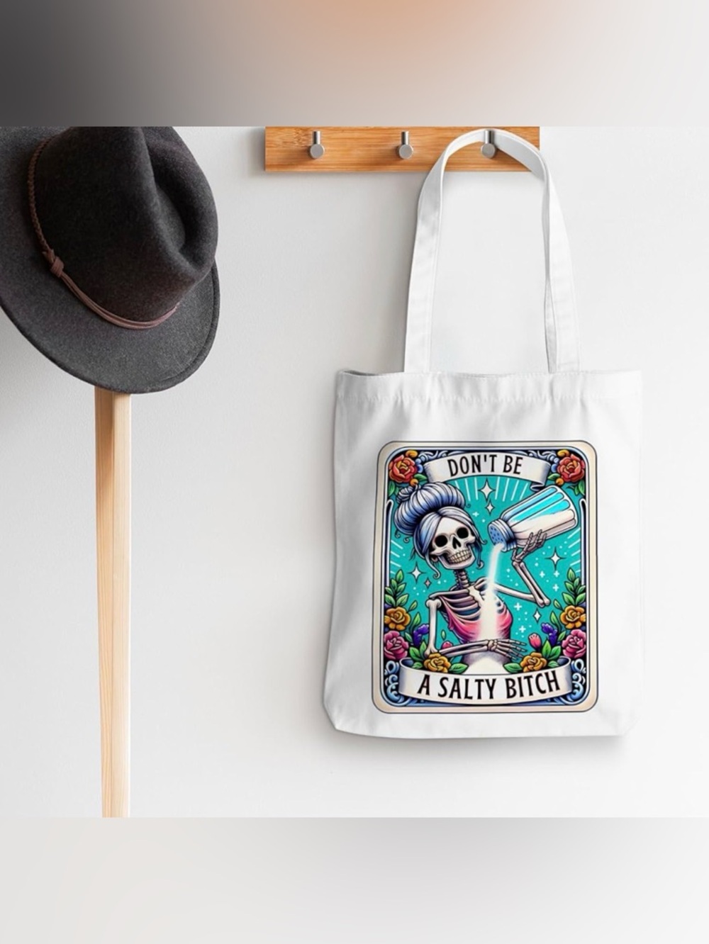 NWT Don't Be A Salty B!tch Skeleton Tote Bag Cotton Eco-Friendly Tarot Style - Picture 6 of 7